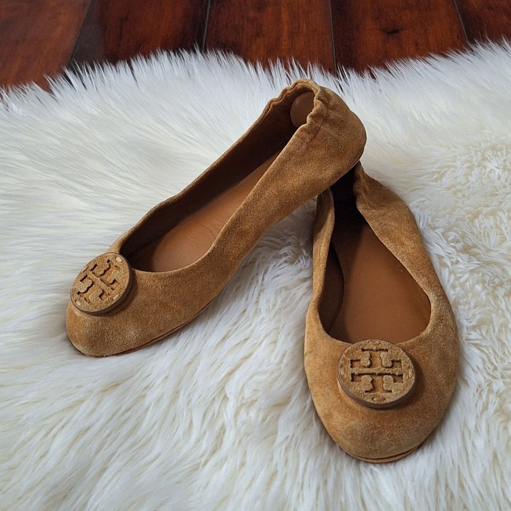 Tory Burch Minnie Travel Tan Brown Suede Ballet Flats  Shoes Women Sz 8